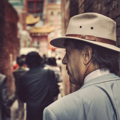 Street portrait of a man from behind wearing a stylish hat and blazer